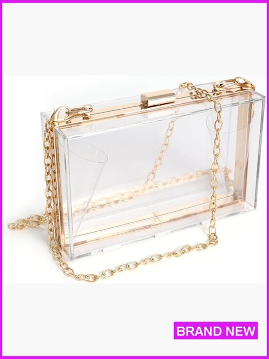Handbags - Clear Acrylic Crossbody Purse - Stadium Approved Box Clutch with Gold Chain